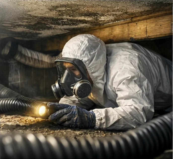 Certified technician performing crawl space mold removal in protective equipment