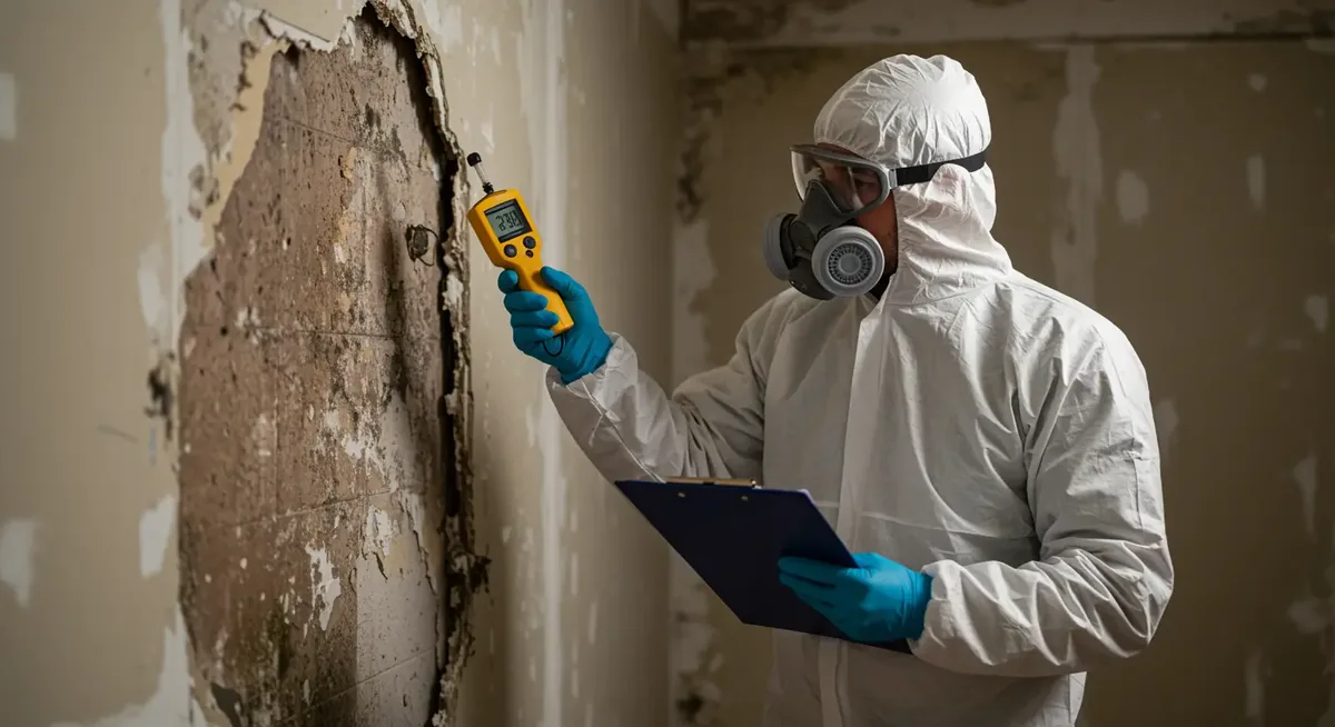 Moisture meter reading during professional mold inspection