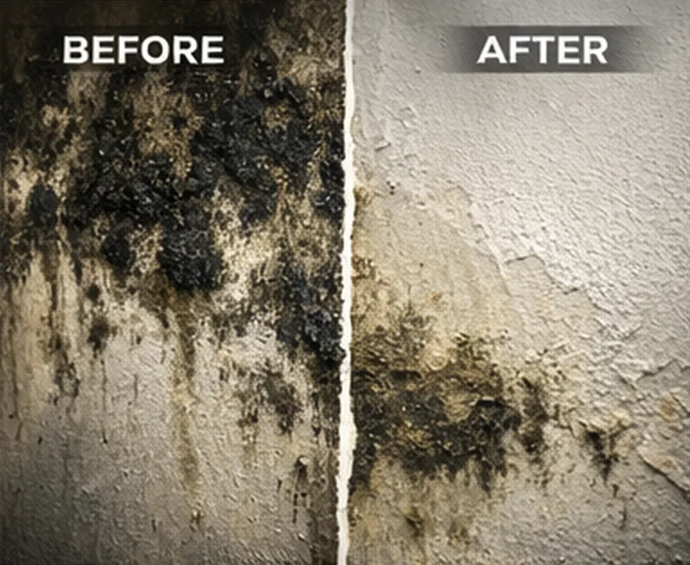 Before and after mold remediation results showing complete restoration