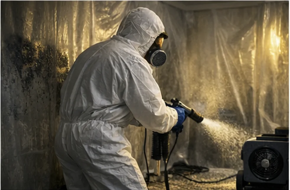 Professional mold remediation technician treating contaminated area in Memphis home