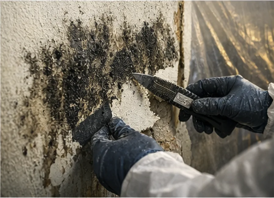 Specialist in protective gear removing mold damage from residential wall